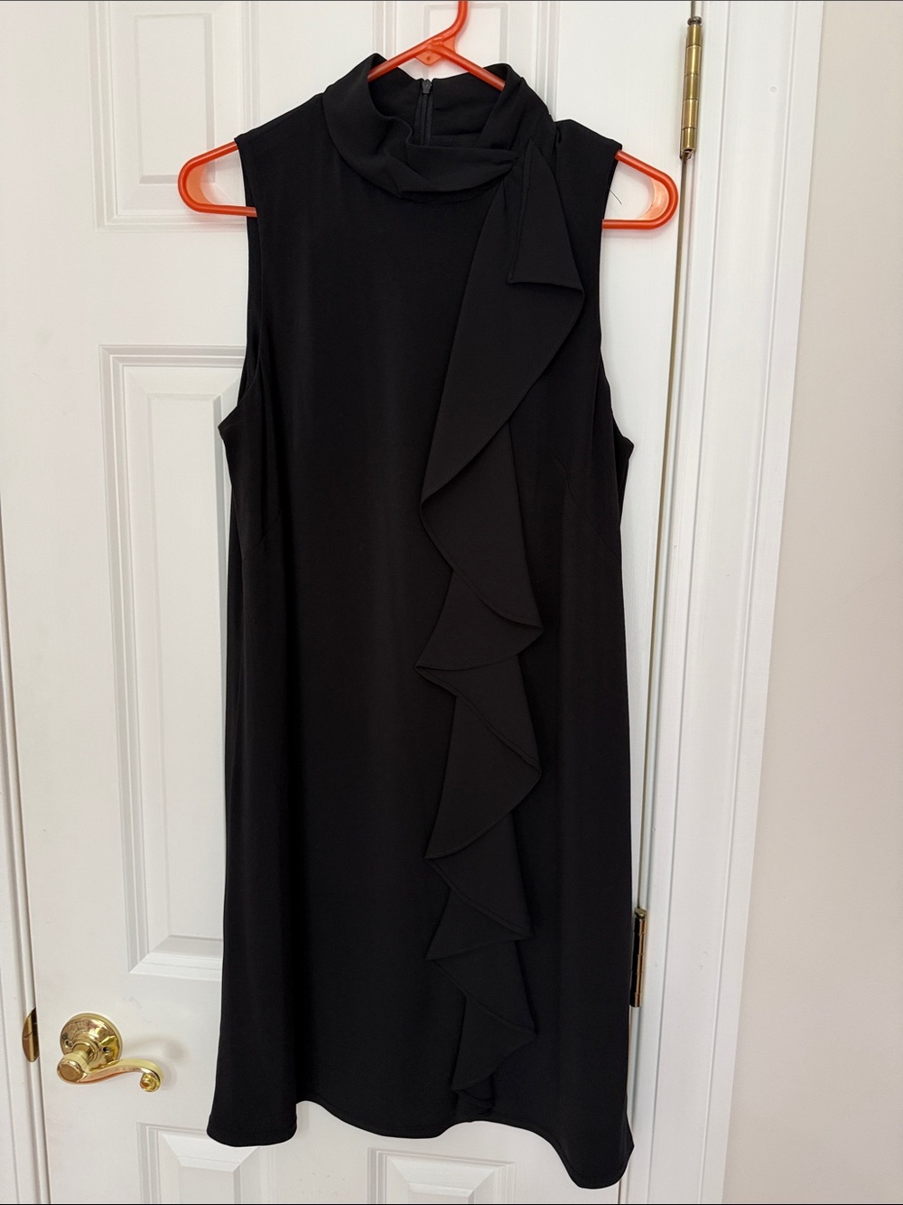 London Times Black Sleeveless Midi Dress with Cascading Ruffle
